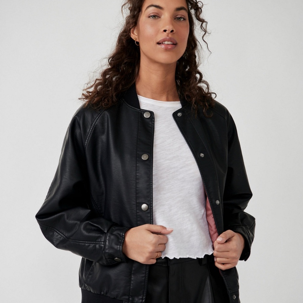 We The Free Black Leather Bomber Jacket